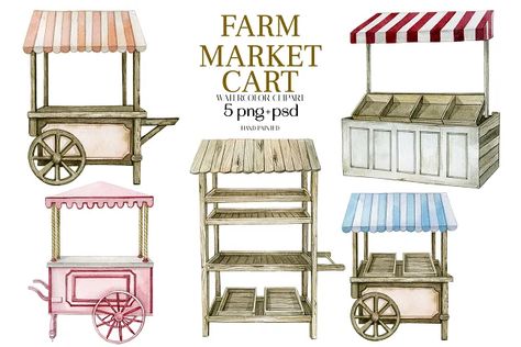 Watercolor food farm market cart | Creative Market Farmers Market Stand Ideas, Local Market Design, Peddlers Cart, Cider Stand, Flower Shop Background, Market Cart, Farmers Market Stand, Watercolor Farm, Art Invitations