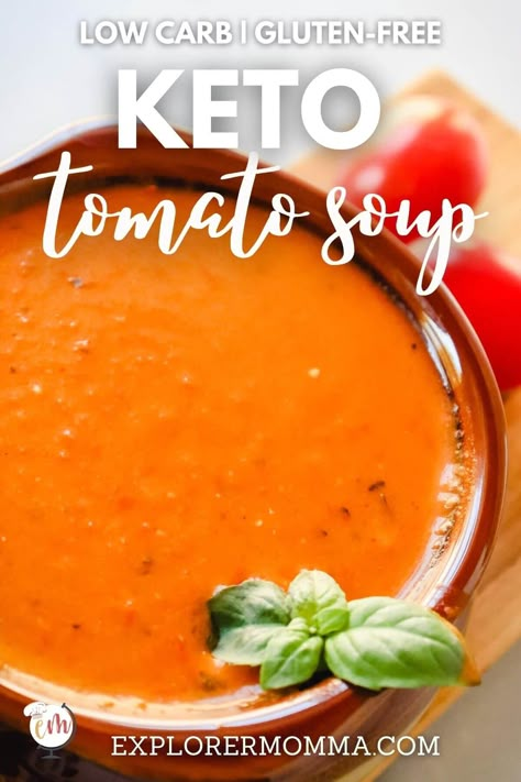 Delicious keto tomato basil tomato soup is the perfect way to use garden tomato and basil for a comforting low carb dinner. Also, see my tip for a keto grilled cheese to go with it! Keto Homemade Tomato Soup, Keto Tomato Bisque Soup, Keto Tomato Soup Easy, Clean Tomato Soup, Keto Tomato Soup Rao’s, Thm Tomato Soup Recipe, Low Carb Tomato Basil Soup, Keto Vegetable Soup Recipes, Keto Tomato Soup Recipes