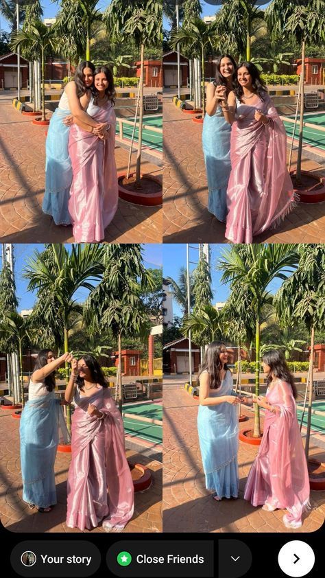 Best Friends Saree Poses, Traditional Poses With Bestie, Bff Saree Poses, Sarees Photoshoot Poses, Photo Poses With Bestie, Farewell Pics Ideas, Aesthetic Pictures With Bestie, Saree With Friends, Saree Pose With Bestie