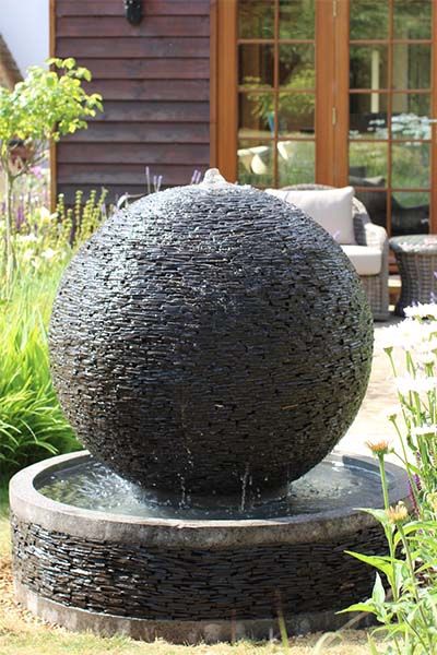 Water Fountain In Front Of House, Large Outdoor Water Features, Ball Water Feature, Water Feature Ideas, Globe Water Feature, Diy Sphere Water Feature, Round Water Fountain, Garden Water Features, Sphere Fountain Outdoor