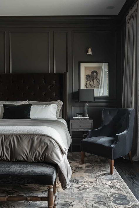 40 Modern Guest Bedroom Decor Ideas to Impress Your Guests Modern Grey Bedroom, Black And Grey Bedroom, Dark Gray Bedroom, Modern White Bedroom, Black Bedroom Design, Black Accent Walls, White Bedroom Design, Sophisticated Bedroom, Dark Bedroom