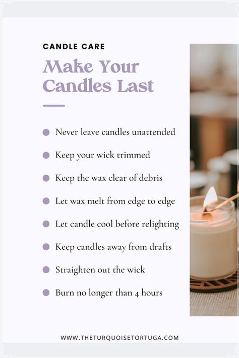 Small Business Candles l Pretty Candles l We want you to have the BEST experience with your new candle. These candle care tips are here to keep you safe and give your candle the longest life ever! Discover unique candles, pretty candles, candles aesthetic, candle decor, candle holder, and soy candles. Our candles are the perfect addition to your home decor! Find more info at www.theturquoisetortuga.com Candle Booth Display, Candle Scent Combinations, Soy Candle Facts, Make Soy Candles, Candle Science, Candle Making Studio, Pretty Candles, Popular Candles, Aesthetic Candle