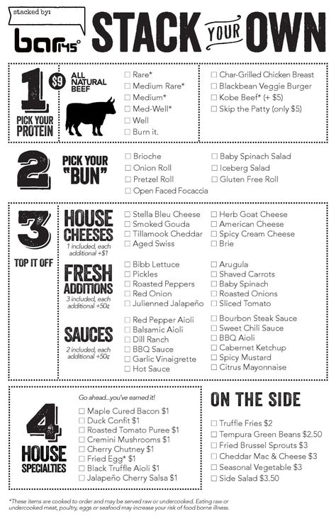 Design Your Own Menu Template Build Your Own Burger, Iceberg Salad, Baby Spinach Salads, Burger Van, Onion Rolls, Kobe Beef, Menu Layout, Burger Menu, Menu Inspiration