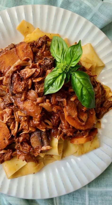 Jackfruit Slow Cooker Recipes, Jackfruit Ragu, Mushroom Ragu Sauce, Mushroom Ragu, Vegan Slow Cooker Recipes, Porcini Mushroom, Dried Prunes, Ragu Sauce, Jackfruit Recipes