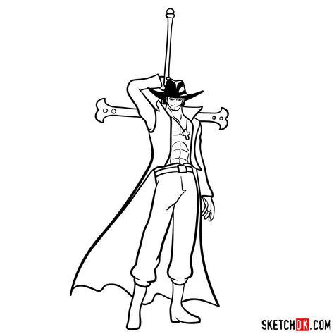 How to draw Dracule Mihawk full growth | One Piece Samurai Drawing, The Straw Hat Pirates, Dracule Mihawk, Straw Hat Pirates, Drawing Guide, One Peice Anime, One Piece Drawing, Guided Drawing, Learn How To Draw