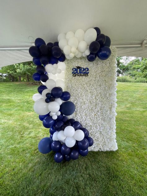 Penn State Graduation Party Ideas, Black White And Blue Balloon Garland, Penn State Graduation Party, Penn State Party, Penn State Grad Party, Penn State Graduation, Blue And White Graduation Party Ideas, Graduation Balloon Arch Blue And White, Blue Graduation Party