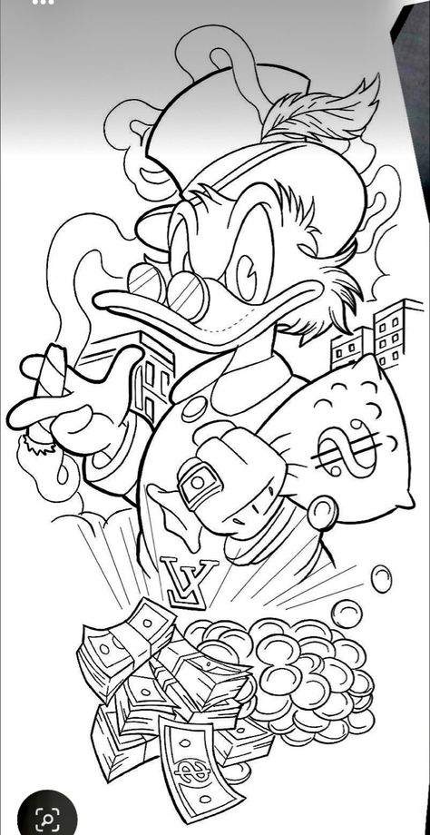 Money Character Design, Gangsta Cartoon Characters Tattoos, Money Coloring Pages, Outline Tattoo Ideas, Mr Cartoon Tattoo, Tattoo Lettering Design, Money Tattoo, Tattoo Outline Drawing, Beautiful Flower Tattoos