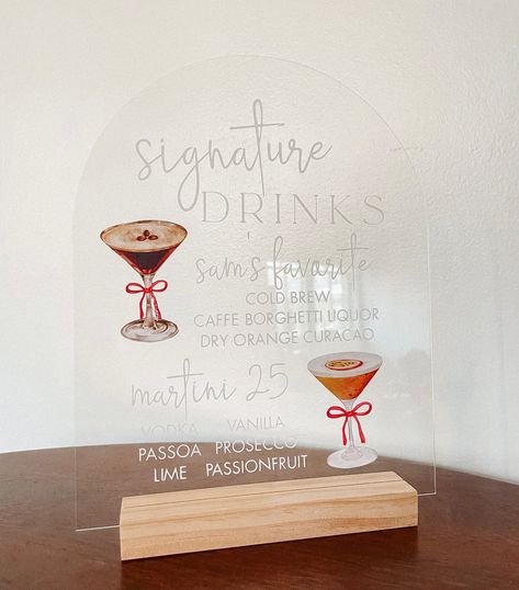 A tini bit older! 🍸✨ Custom Signature Drinks sign for 25th birthday party 🎂✨ // 𝒸𝓊𝓈𝓉ℴ𝓂 𝒸𝒽𝒾𝒸 small batch decor, event signage, apparel, gifts & accessories & more for all ages ✨ // DM me for all custom party decor & design / planning inquiries 🤍 . . . . #weddinginspo #weddingsignage #bridalchic #custommade #weddingdecor #customsignage #acrylicsigns #custombirthdaydecor #etsyshop #etsyfinds #handmadedecor #happybirthday #birthdaydecor #birthdayparty #weddinginspiration #partydecor #martinico... 25th Birthday Party, 25th Birthday Parties, Drinks Sign, Custom Signature, Signature Drinks Sign, Decor Event, Event Signage, Custom Signage, Drink Signs