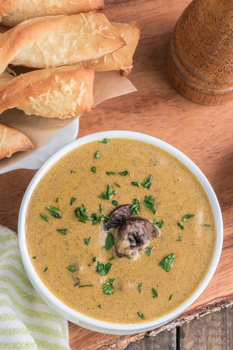 Creamy Mushroom Soup and Parmesan Bread Twists Cream Of Mushroom Soup Food And Wine, Mushroom Soup With Garlic Bread, Creamy Roasted Mushroom Soup, Must Love Garlic Creamy Mushroom Soup, Cream-ish Of Mushroom Soup, Bread Twists, Mushroom Soup Recipe, Parmesan Bread, Vegetable Soup Healthy