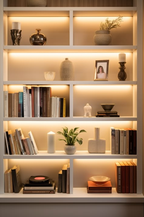 Lighting Magic: Illuminating Minimalist Cozy Living Spaces - Quiet Minimal Illuminated Bookshelves, Bookshelf With Lighting, Lights In Bookcase, Lighted Bookshelves, Shelf Lighting Ideas Living Room, Book Shelf Lights, Bookshelf With Lights, Bookshelf Lights, Bookshelves Lighting