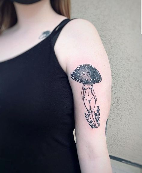 Mushroom Lady Tattoo Simple, Mushroom Goddess Tattoo, Mushroom Woman Tattoo, Mushroom Lady Tattoo, Mushroom Lady, Arm Wrap Tattoo, Around Arm Tattoo, Traditional Tattoo Designs, Wrap Tattoo