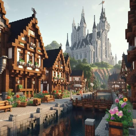 Minecraft Center Of Town Ideas, Minecraft Town Inspiration, Detailed Minecraft Houses, Minecraft Medieval City Layout, Mythical Sausage Builds, Minecraft Mountain Village Ideas, Minecraft Midevil City, Castles In Minecraft, Minecraft Medieval Town House