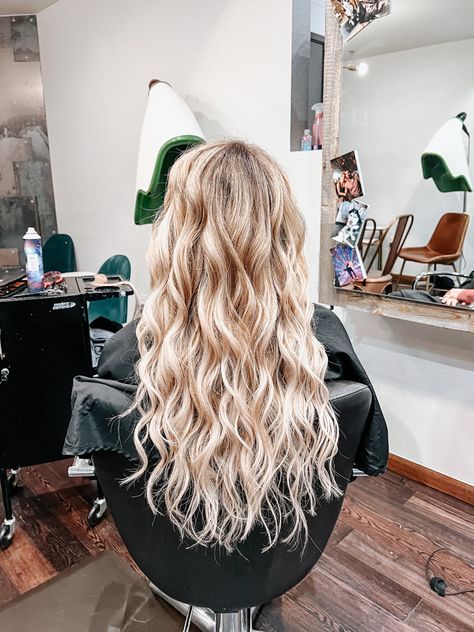 Curled Medium Length Hair Wedding, Womens Curled Hairstyles, Long Blonde Crimped Hair, Salon Curls Hairstyles, Curled Hair Volume, Mermaid Hair Curls, Curls In Long Hair, Long Beach Curls, Beachy Waves Bridal Hair