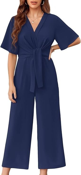 Amazon.com: GAMISOTE Womens Wide Leg Jumpsuits Short Sleeve Tie Knot Front Summer Long Romper : Clothing, Shoes & Jewelry Wide Leg Jumpsuits, Neck Tie Knots, Long Romper, Tie Knots, Short Jumpsuit, Wide Leg Jumpsuit, Batwing Sleeve, Cool Fabric, Chiffon Fabric