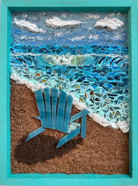 Mosaic Waves Ocean, Mosaic Beach Scenes, Seascape Mosaic, Stained Glass Bottle, Nautical Mosaic, Ocean Mosaic, House Mosaic, Mosaic Landscapes, Mosaic Tile Ideas