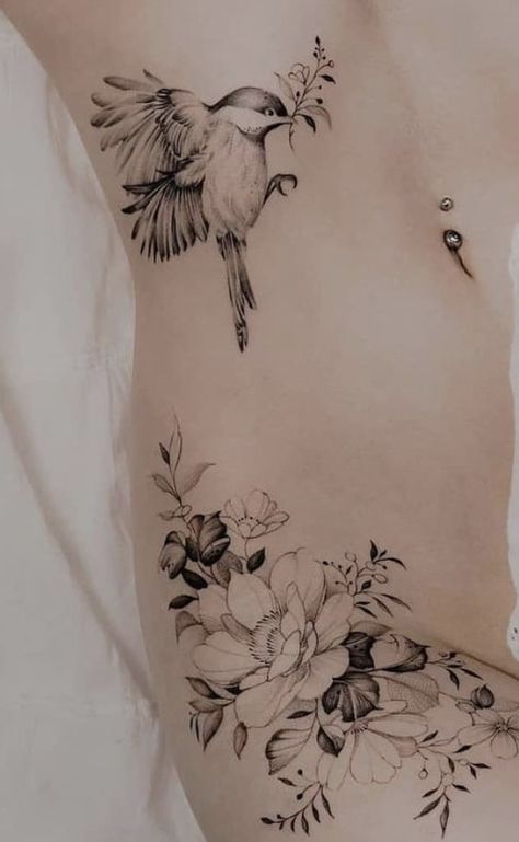 Hip Tattoo Floral, Tattoo Inspo Women Arm, Nature Inspired Tattoos Women, Bird Hip Tattoo, Bird With Flowers Tattoo, Birds And Flowers Tattoo, Floral Bird Tattoo, Thigh Hip Tattoo, 3d Flower Tattoos