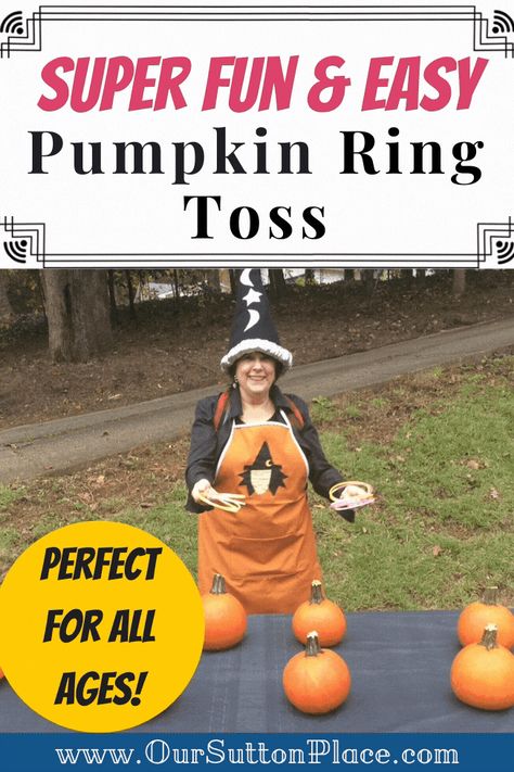 This fun and easy Pumpkin Ring Toss Game is great for all ages. My kids love it so much, it’s become my go-to Halloween party game year after year! Bonus—we like to use glowstick necklaces which makes it super fun for evening parties too. #glowinthedark #halloweengames Pumpkin Ring Toss, Pumpkin Ring, School Halloween Party, Halloween Toddler, Halloween Crafts For Toddlers, Halloween Ring, Fall Games, Ring Toss Game, Sutton Place