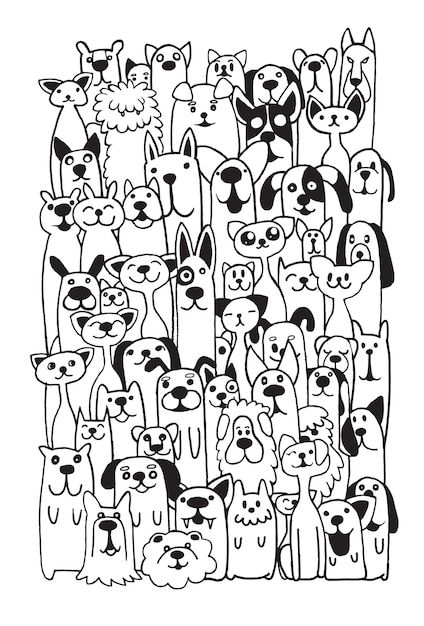 Hand drawn doodle funny dogs and cat set... | Premium Vector #Freepik #vector #dog-doodle #abstract-doodle #cat-sketch #cartoon-doodle Paw Cartoon, Cat And Dog Drawing, Doodle Funny, Dog Line Art, Doodle Background, Dog Line, Cat Doodle, Animal Doodles, Cat Vector