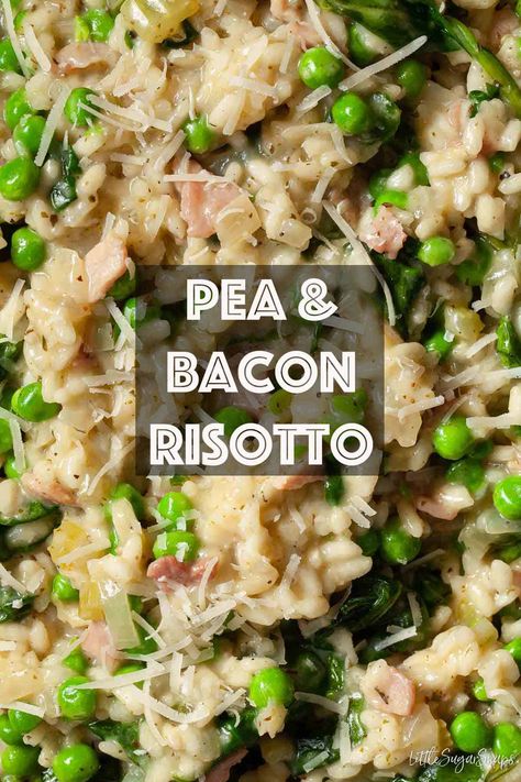 Pea and bacon risotto is an easy one-pot recipe that delivers a creamy and comforting meal. It's quick and simple to prepare - expect dinner on the table in around 40 minutes. Roast Frozen Broccoli, Bacon Risotto, Pea Risotto, Risotto Recipes Easy, Creamy Peas, Lemon Garlic Pasta, Garlic Pasta, Pea Recipes, Risotto Recipes