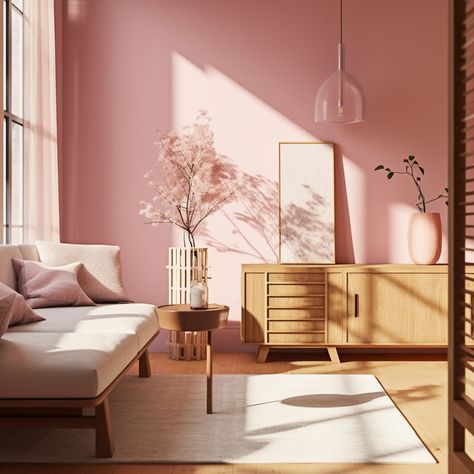 Pink Scandinavian Interior, White And Pink Interior Design, Pink White Interior, Wood And Pink Interior, Japandi Pink Bedroom, Pink Brown Interior, Blush Pink Interior Design, Pink And Wood Living Room, Pink And Wood Bedroom