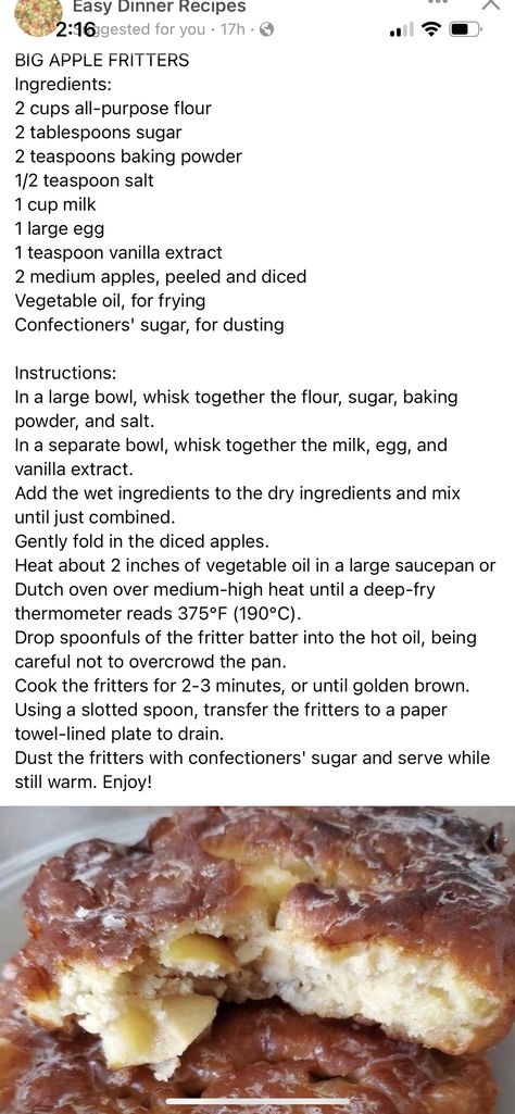 Large Apple Fritters, Apple Dessert, Apple Dessert Recipes, Diced Apples, Apple Fritters, Apple Desserts, Confectioners Sugar, Large Bowl, Easy Dinner Recipes