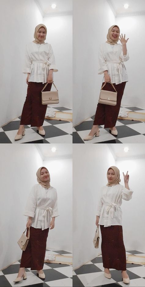 Mix and match white kimono outer with rok batik, ootd kondangan, ootd hijab, hijab outfit Outfit Kondangan Simple Hijab, Kimono Outer, Kondangan Outfit, Casual Hijab, Casual Hijab Outfit, Fashion Muslim, Casual White Dress, Ootd Hijab, Hijab Outfit