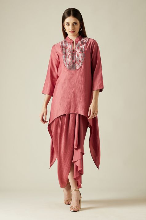 Shop for these amazing collections of Pink Cotton Silk Embroidery Sequins Mandarin Pebble Tunic And Draped Skirt Set For Women by Aakaar online at Aza Fashions. Draped Skirt, Power Dressing, Pattern Embroidery, Embroidered Tunic, Fashion App, Silk Embroidery, Indian Designer Wear, Embroidered Silk, Designer Wear