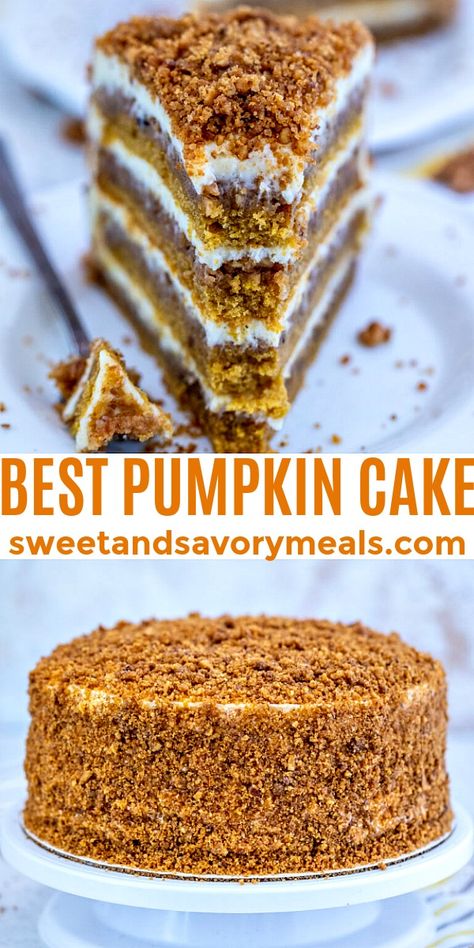 Pumpkin Cake is moist and topped with the perfect tangy cream cheese frosting. #pumpkincake #thanksgiving #cake #fallrecipe Best Pumpkin Cake, Best Fall Desserts, Good Desserts To Make, Pumpkin Cake Recipe, Dessert To Make, Pumpkin Cake Recipes, Savory Meals, The Best Dessert, Fall Dessert Recipes