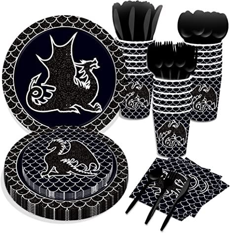 Amazon.com: CC HOME Dragon Party Themed Party Supplies Pack Black Dragon Party Decorations Party Pack- Serves 16 - Includes Dragon Party Plates Cups Napkins : Toys & Games Dragon Decorations Party, Dragon Table Decorations, Dragon Birthday Party Decorations, Dragon Party Decorations, Dragon Themed Birthday Party Target, Dragon Birthday Party, Dragon Plate, Fantasy Party, Dragon Birthday Parties