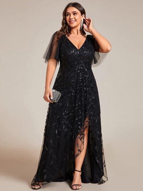 Plus Size Short Sleeves Sequin High Low V-Neck Midi Formal Evening Dress - Navy Blue / 26 Redprom Dresses, Plus Formal Dresses, Sondra Celli, Leave Design, High Low Evening Dresses, Ruffles Sleeves, Pronovias Dresses, Evening Midi Dress, Gift Crafts