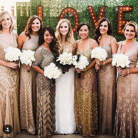 Love these Gatsby-Inspired sequin bridesmaid's dresses! Different Style Bridesmaid Dresses, Rose Gold Bridesmaid, Sequin Bridesmaid, Gold Bridesmaid Dresses, Gold Bridesmaids, Sequin Bridesmaid Dresses, Gatsby Wedding, Art Deco Wedding, Wedding Deco