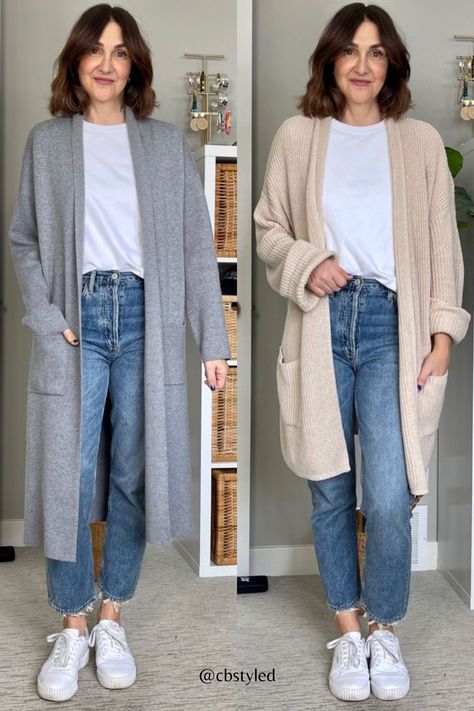 Long Cardigan And Jeans Outfit, Jeans Outfit With Cardigan, Long Cardigan Outfit Spring, Light Wide Leg Jeans Outfit, How To Style A Long Cardigan, Loose Cardigan Outfit, Spring Cardigan Outfit, Light Denim Jeans Outfit, Denim Jeans Outfit Casual