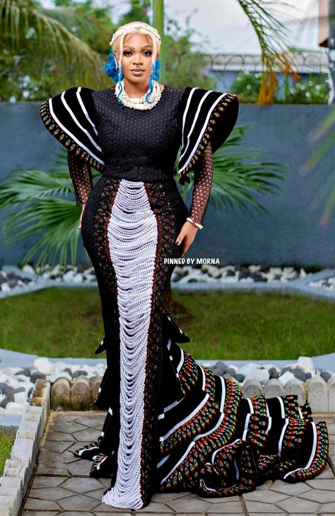 Shasha Designs, African Wedding Guest Outfit, Prom Dress African, African Prom Dress, African Embroidery, Xhosa Attire, South African Traditional Dresses, White And Black Dress, African Bridal Dress