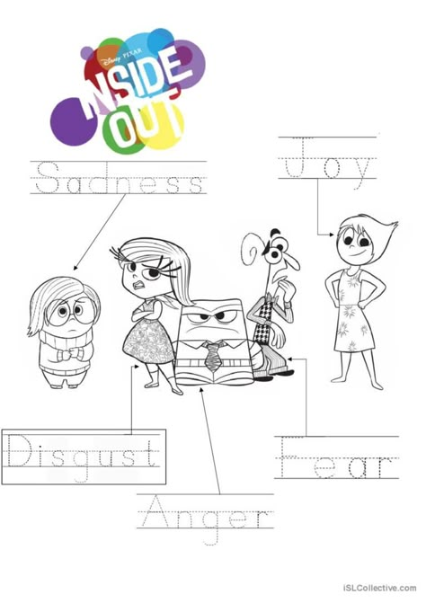 Colour in and trace feelings inspired by the 'Inside out' movie :) This is aimed at younger learners who cannot yet write. The vocabulary included is: Anger, Disgust, Joy, Fear and Sadness. Inside Out Worksheets, Super Heroes Coloring Pages, Superman Coloring Pages, Body Parts For Kids, Dr Seuss Shirts, Comparative And Superlative, Batman Coloring Pages, Nature Coloring Pages, Feelings Activities