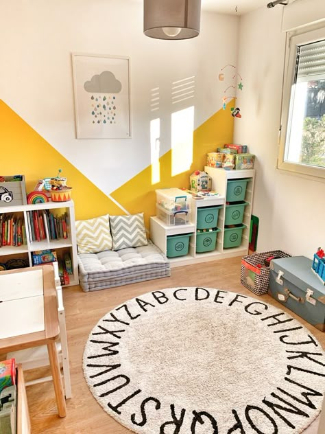 kids nursery ideas playrooms Playroom Ideas Yellow, Abc On Wall, Yellow Playroom Ideas, Yellow Playroom Walls, Toddler Play Room Ideas Boys, Trofast Playroom Ideas, Yellow Baby Room Ideas, Kids Yellow Bedroom, Nursery And Playroom Combo