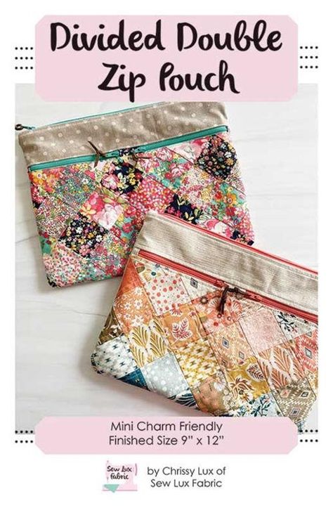 "Divided Double Zip Pouch Kit by Chrissy Lux of Sew Lux Fabrics- kit includes pattern, fabrics, zipper and stabilizer to complete 9\" x 12\" pouch" Zip Pouch Pattern, Sewing Notions Storage, Pouch Sewing, Fabric Kit, Sewing Purses, Shabby Fabrics, Pouch Pattern, Mini Charm, Patchwork Patterns