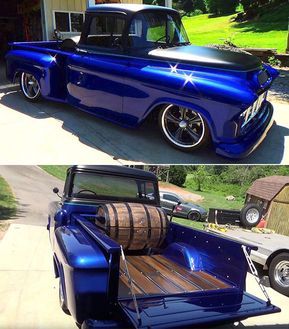 1955 #Chevrolet Street #truck with a whiskey barrel in its bed Kombi Trailer, Custom Pickup Trucks, Pick Up Truck, 1955 Chevy, Old Pickup, Old Pickup Trucks, Classic Pickup Trucks, Hot Rod Trucks, 1957 Chevrolet