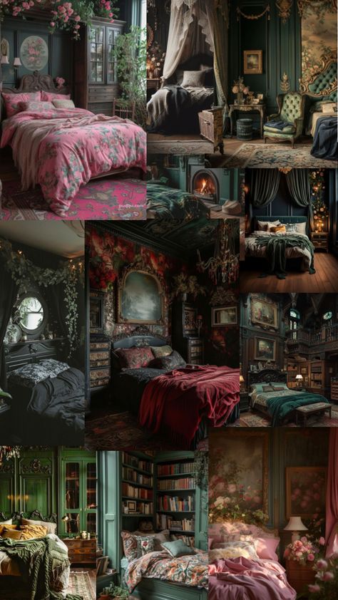 Green, Victorian, cottage core, dark academia Green Victorian Bedroom Ideas, Dark Academia Green Room, Dark Green Victorian Bedroom, Dark Cottage Core Room, Green Victorian Bedroom, Green Victorian House, Elven Bedroom, Dark Cottage Core Bedroom, Victorian Cottage Core