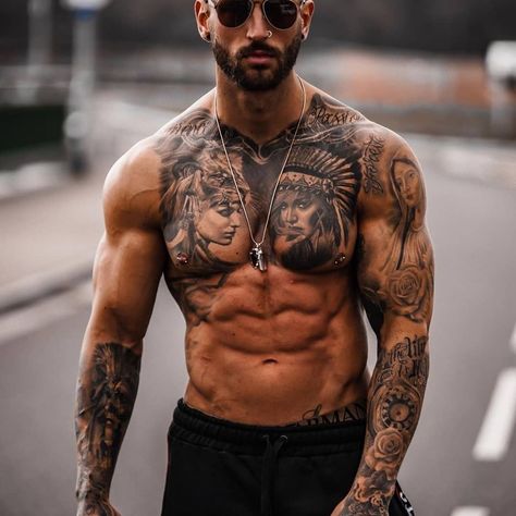 Native Indian Tattoos, Shoulder Sleeve Tattoos, Native American Tattoo, Wolf Tattoo Sleeve, Native Tattoos, American Guy, Ripped Body, Chest Tattoos, Chest Tattoo Men