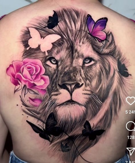 Lion Tattoo With Butterflies, Lion Back Tattoo Women, Lion And Butterfly Tattoo, Tattoo Espalda Mujer, Rosary Tattoos, Lion Back Tattoo, Purple Butterfly Tattoo, Rose And Butterfly Tattoo, Geometric Line Tattoo