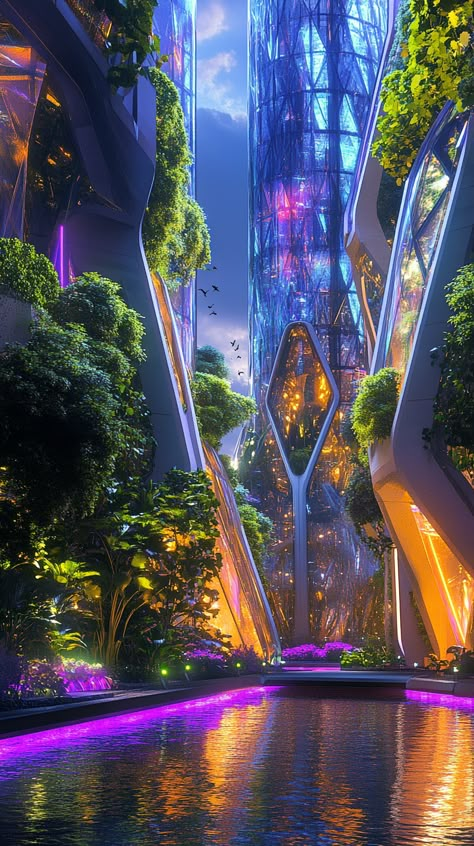 🌆 Dive into a stunning futuristic cityscape where innovation meets sustainability! 🌿 Explore interconnected bio-domes, vertical gardens, and neon skyscrapers. Experience a vibrant atmosphere at twilight, with dazzling lights reflecting on water. #FuturisticCity #TechFashion #HoloLife #midjourney Futuristic Architecture Concept Art, Rainforest City, Domed City, Future Utopia, Futuristic Architecture Concept, Futuristic Cityscape, Concept Vehicles Sci Fi, Science Fiction Artwork, Vertical Gardens