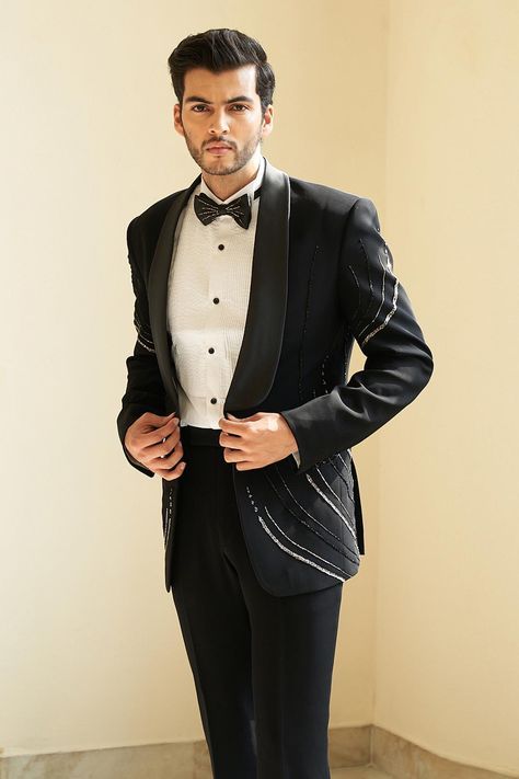 Buy Contrast By Parth Black Italian Suiting Linear Embroidered Tuxedo Pant Set Online | Aza Fashions Designer Tuxedo Men, Designer Tuxedo Men Grooms, Linear Embroidery, Embroidered Tuxedo, Gents Suits, Bow Tie Pants, Designer Tuxedo, Groom Dress Men, Tuxedo Pants