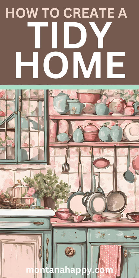 Illustration of a Kitchen. Text says, "How to Create a Today Home montanahappy.com" House Cleaning Ideas, Tidy Home Aesthetic, How To Downsize Your Home, Tidy House Tips, Pink And White Office, Vision Planning, How To Deep Clean Your House, Deep Cleaning Kitchen, Old Fashioned Living