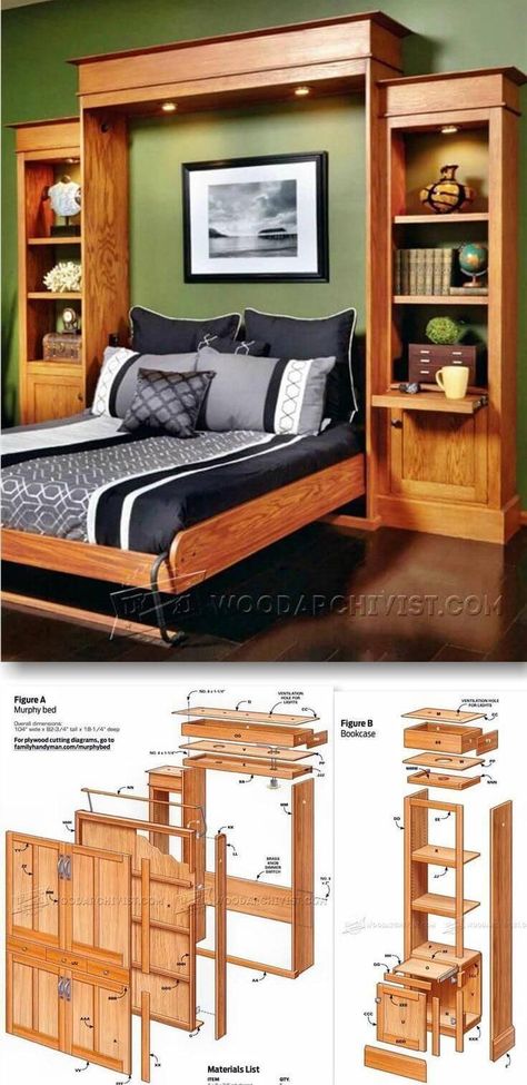 Ideal for the experienced DIY enthusiast, this hideaway bed doubles as a bookshelf and storage unit. It features built-in lighting, nightstands, and ample shelf space, providing a cozy and welcoming atmosphere for guests. This multifunctional piece closely resembles a standard bed unit, ensuring comfort and convenience. Diy Murphy Bed, Best Murphy Bed, Bed Design Ideas, Murphy Bed Ikea, Murphy Bed Ideas, Modern Murphy Beds, Murphy Bed Plans, Murphy Bed Diy, Small Woodworking Projects