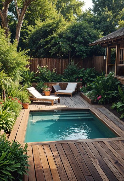 Jacuzzi Pool Small Backyards, Pool And Garden Backyard, Pool Landscaping Decking, Front Pool Ideas, Small Garden Design With Pool, Small Pool In Garden, Tiny Backyard Pool, Poolside Garden Ideas, Pool Front Yard