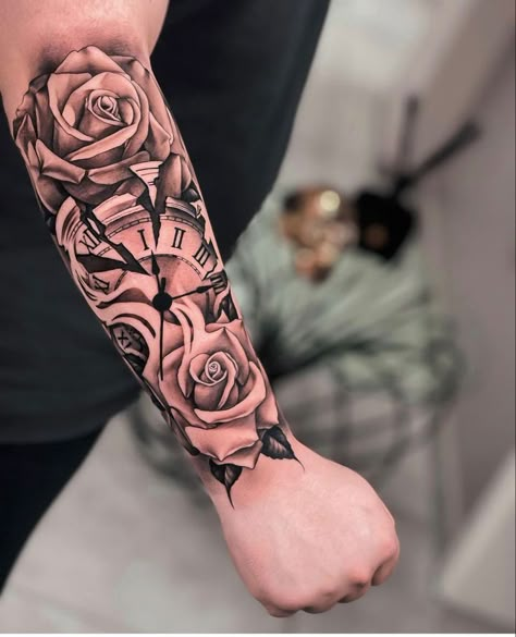 Tattoo Trends 2023, Clock And Rose Tattoo, Broken Clock, Ink Magic, Arm Tattoos For Guys Forearm, Rose Tattoos For Men, Cross Tattoo For Men, Men Tattoos Arm Sleeve, Cool Arm Tattoos