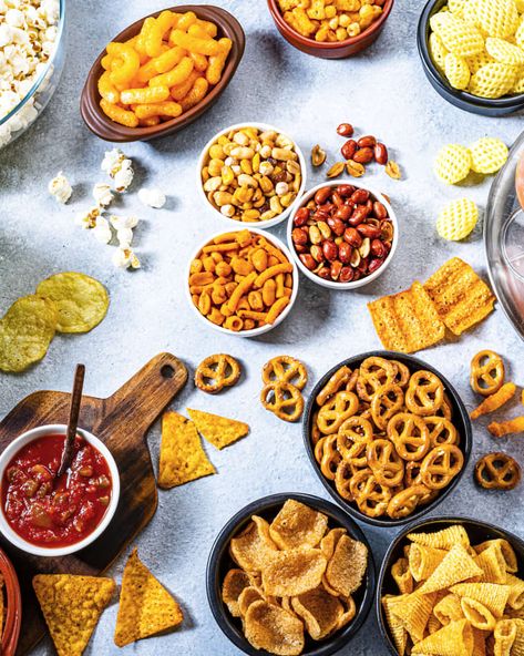 Snacks For Super Bowl, Bowl Food Photography, Superbowl Sunday Snacks, Classic Snacks, Party Sliders, Blue Corn Chips, Snacks To Buy, Seasoned Pretzels, Pretzel Twists