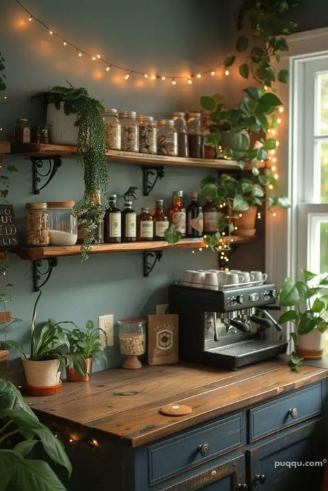 Tea Set Up Coffee Stations, Office Coffee Bar Ideas, Goth Coffee Bar, Tea Corner Ideas, Tea And Coffee Station, Espresso Station, Coffee Corner Aesthetic, Corner Aesthetic, Tea Corner