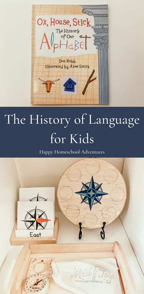 Cover of Ox, House, Stick:  The History of Our Alphabet and a Mirus Toys Compass Rose puzzle Montessori Middle School Activities, History For Preschoolers, Montessori History Lessons, Montessori Unit Studies, First Great Lesson Montessori, Asia Homeschool Unit, Montessori History, Waldorf Grade 4 Local Geography, Homeschooling Printables