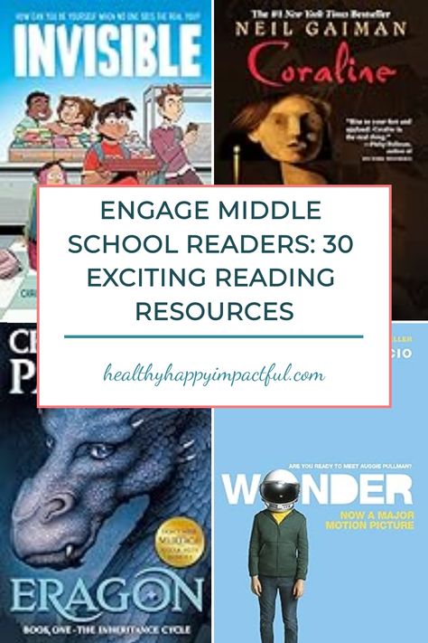 Engage middle school readers with these 30 exciting book resources, featuring titles like Invisible, Coraline, Eragon, and Wonder. Middle School Reading Classroom, Middle School Reading List, Books For Middle Schoolers, Books For Middle School, Middle School Boys, Middle School Books, The Best Books To Read, Middle School Reading, Middle Grade Books